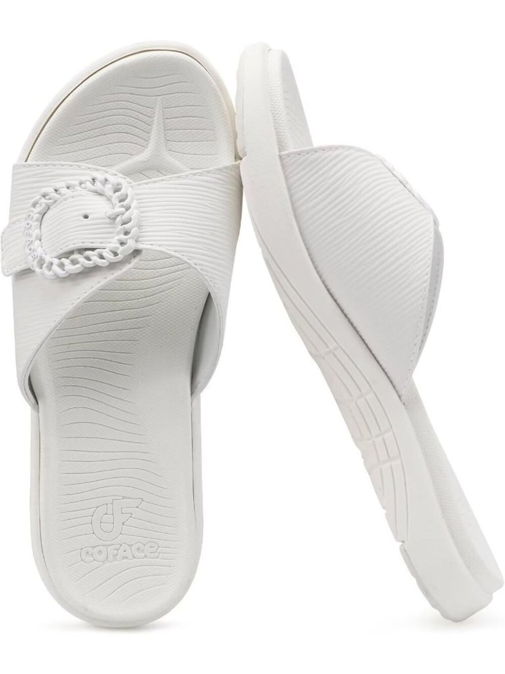 Women's White Brown Faux Leather Comfortable Walking Adjustable Slip On Flats
